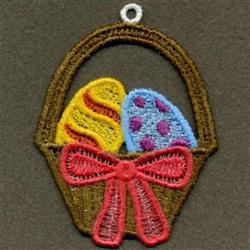 FSL basket filled with vibrant Easter eggs, featuring swirls and polka dots, adorned with a playful red bow.