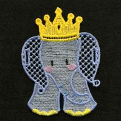 FSL gray elephant wearing a vibrant yellow crown with pink cheeks, exuding playful charm against a black background.