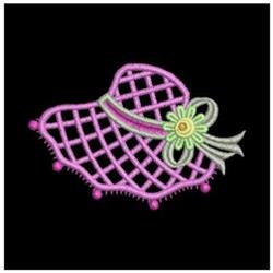 FSL pink hat with a lattice pattern, adorned with a green ribbon and yellow flower against a black background.