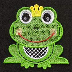 FSL frog with a gold crown, vibrant green color, cheerful smile, and large expressive eyes against a black background.