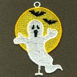 FSL ghost in white outlined against a bright yellow moon, with whimsical black bats above for Halloween decor.