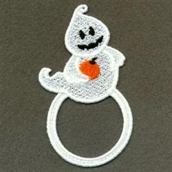 FSL ghost with a pumpkin, cheerful white figure draped over a circular base, perfect for Halloween decorations.