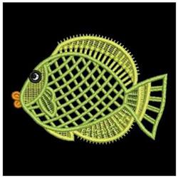 FSL green fish with mesh texture, intricate fins, and a whimsical expression on a black background.