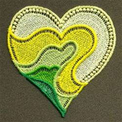 FSL heart shape adorned with colorful lace in yellow and green, featuring intricate patterns and a delicate white border.
