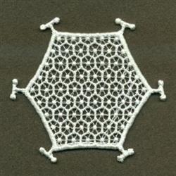 FSL hexagonal lace with intricate white motifs, featuring delicate circular designs against a dark background.