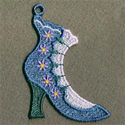 FSL boot in vibrant blue adorned with delicate purple flowers and a high heel, playful and colorful.