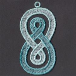 FSL infinity symbol with intricate lace texture and layered loops in teal tones against a dark background.