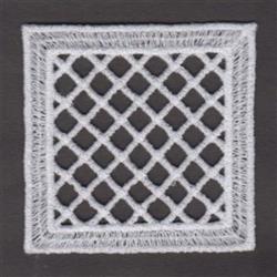 FSL lace design featuring an intricate geometric pattern with delicate white threads against a dark background.