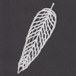 FSL leaf ornament showcasing delicate lines and natural veining, crafted in white thread on a dark background.