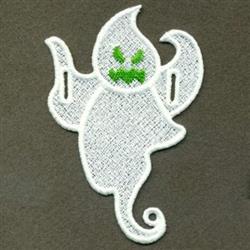 FSL ghost with playful expression, green eyes, and white lace-like texture, perfect for Halloween decorations.