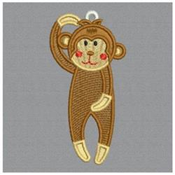 FSL monkey with brown fur and cute facial features, playfully hanging with one arm raised against a gray background.