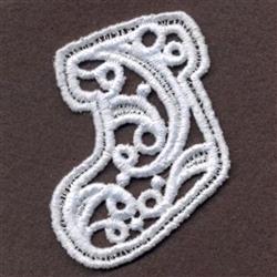 FSL ornamental boot with detailed white lace design featuring intricate swirls, set against a dark backdrop.