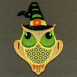 FSL owl with a whimsical witch hat, featuring a green face with lace accents and a bright yellow outline. Perfect for Hallowe