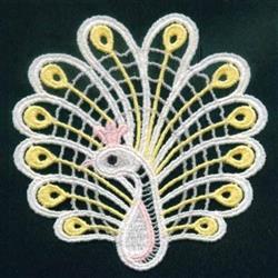 FSL peacock with intricate yellow and white feathers, elegant body, and a pink crown, set against a dark background.