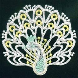 FSL peacock with ornate white and yellow feathers, showcasing delicate detailing for crafts and decorative apparel.