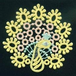 FSL peacock adorned with intricate blue details, framed by vibrant yellow flowers and soft pink circles.