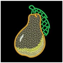 FSL pear with a glossy yellow finish and intricate stitching, paired with a lattice green leaf on a black background.