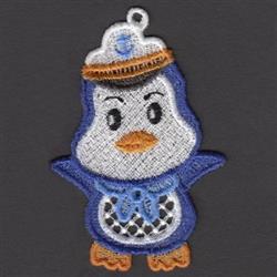 FSL penguin in a playful blue and white outfit, wearing a captain's hat with a cheerful smile and round eyes.