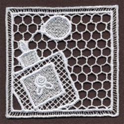 FSL perfume bottle with intricate white stitching, honeycomb background, and a delicate bubble nozzle.