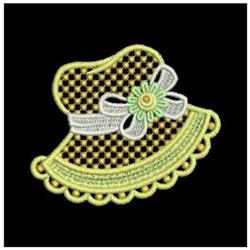 FSL playful hat with a black and yellow checkered pattern, green ribbon, and scalloped yellow lace trim.