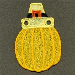 FSL pumpkin with cheerful yellow color, adorned with an orange and black hat, set against a neutral gray background.