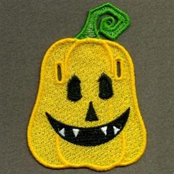 FSL pumpkin with a bright yellow hue, playful smile, black eyes, and a green vine; perfect for Halloween decor.