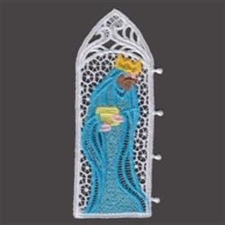 FSL queen in an elegant blue gown with a gold crown, holding a goblet against intricate lace.
