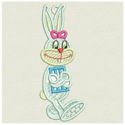 FSL rabbit ornament with a cheerful expression, pink bow, and blue object, perfect for Easter decor.