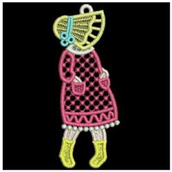 FSL whimsical figure in a pink dress with pockets, a large yellow bonnet, and bright yellow rain boots against a black backgr