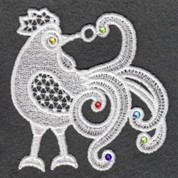 FSL rooster with detailed feathers, curly tail, and colorful gems, set against a dark background.