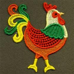 FSL rooster with vibrant plumage in red, orange, green, and yellow, featuring a curly tail and detailed feathers.