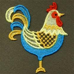 FSL rooster with a vibrant red crest, blue body, and yellow accents, set against a dark background.