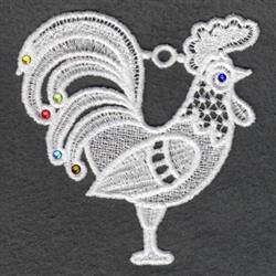 FSL rooster lace featuring intricate white patterns adorned with colorful rhinestones against a dark background.