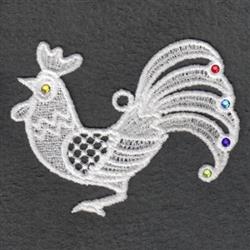 FSL rooster in delicate white lace with intricate feathers and colorful gem embellishments.