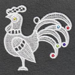 FSL rooster with ornate feathers, colorful embellishments, and intricate lace detail on a dark background.