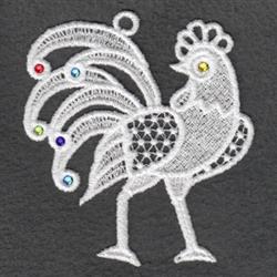 FSL rooster portrait with intricate lace details, vibrant feathers, and colorful embellishments in a dynamic pose.