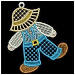 FSL scarecrow with vibrant blue overalls and a straw hat, whimsical design celebrating autumn.