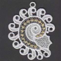 FSL seashell in delicate white thread with gold accents, showcasing intricate spirals and lace details.