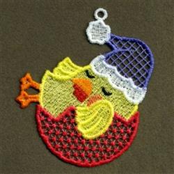 FSL sleeping chick with vibrant yellow feathers snuggles in a bright red egg shell, wearing a festive blue hat.