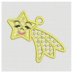 FSL smiling star with a cheerful yellow hue, closed eyes, and a lace-like comet tail, exuding a playful charm.