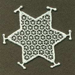 FSL star shape lace ornament in white, featuring intricate woven patterns and delicate rounded edges on a dark background.