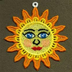 FSL sun with a cheerful yellow face, bold blue eyes, and vivid orange rays, perfect for summer decor.