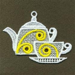 FSL teapot with whimsical yellow swirls, accompanied by a matching teacup and saucer, set against a dark background.