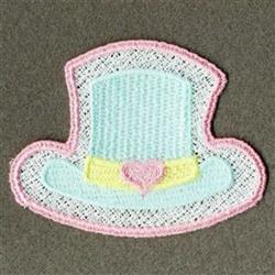 FSL top hat featuring a light blue surface, pink border, and yellow heart band in a whimsical style.