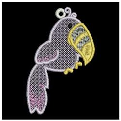 FSL toucan with a vibrant yellow beak, dark body, and purple accents on a black background.