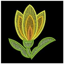 FSL tulip with vibrant yellow and orange petals, detailed green leaves, brightening spring scenes.