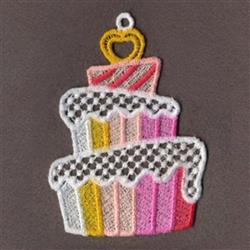 FSL two-tiered cupcake with pink, yellow, and white frosting, detailed checkered pattern, and heart-shaped topper.