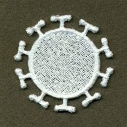 FSL virus structure featuring intricate circular embroidery in white thread, with detailed protrusions on a dark green backdr