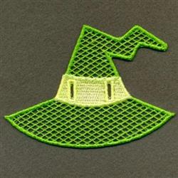 FSL witch hat in vibrant green with a wide brim and mesh detailing, perfect for whimsical Halloween decor.
