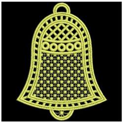 FSL yellow bell adorned with intricate lace-like designs and geometric patterns, perfect for holiday decor.